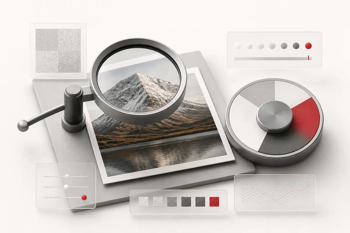 A photo examined through a lens with a neutral confidence dial