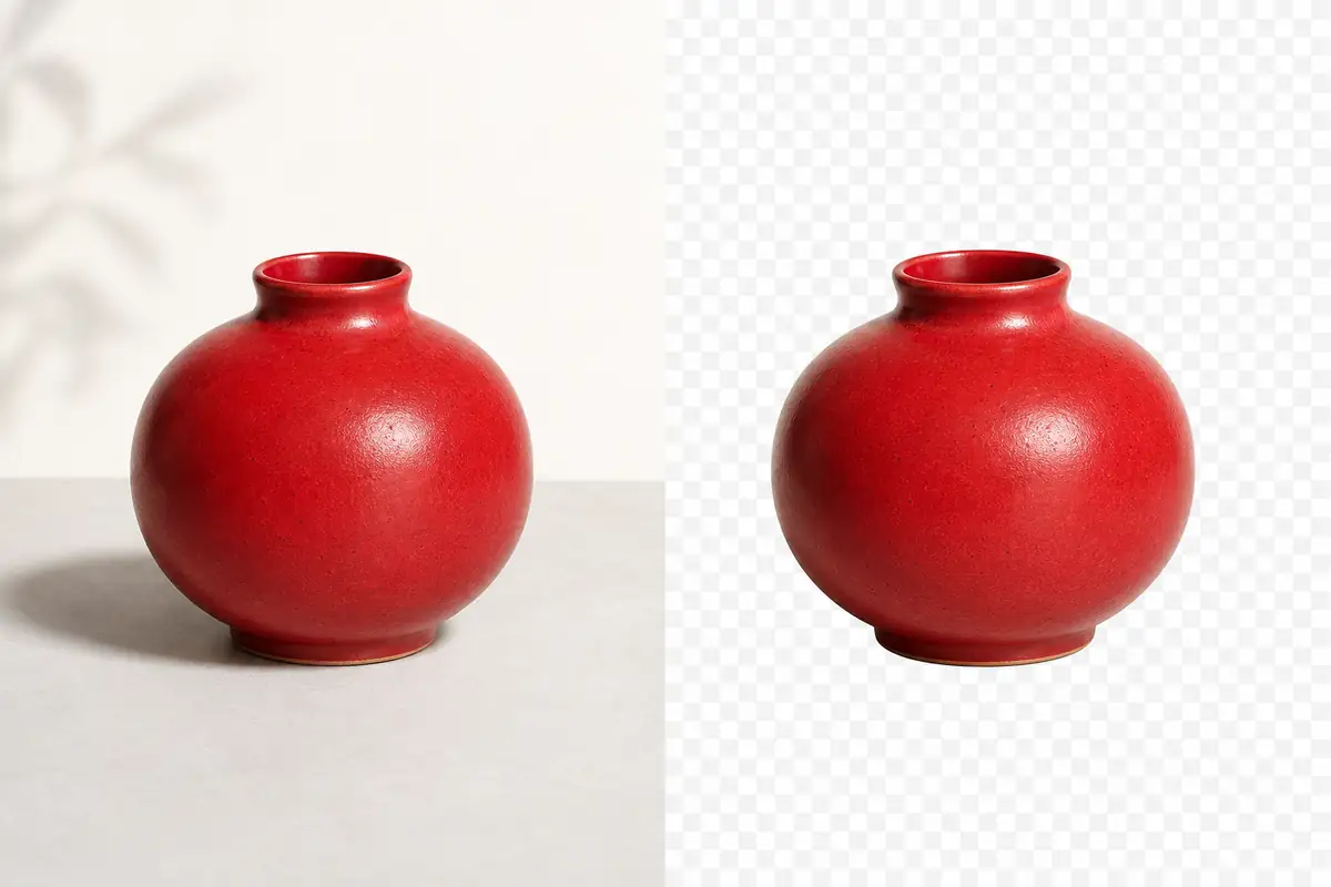 A red object shown before and after its background is removed