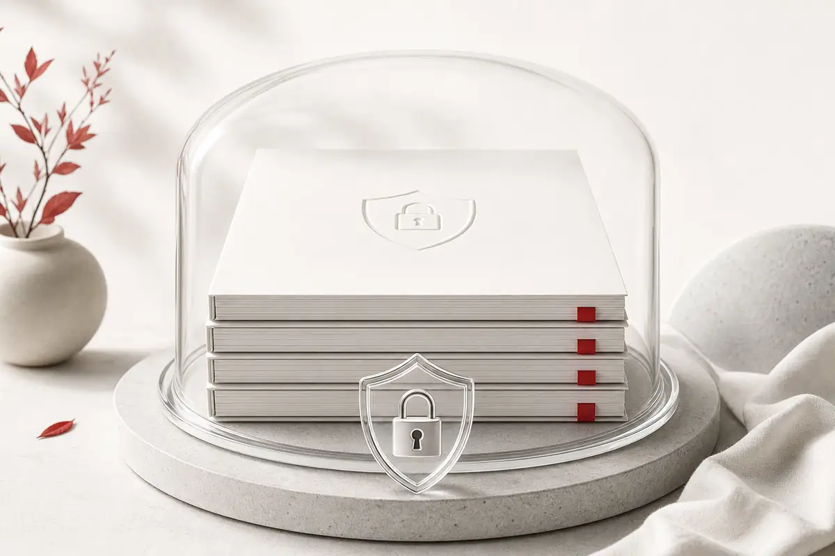 A protected stack of policy documents beneath a clear shield