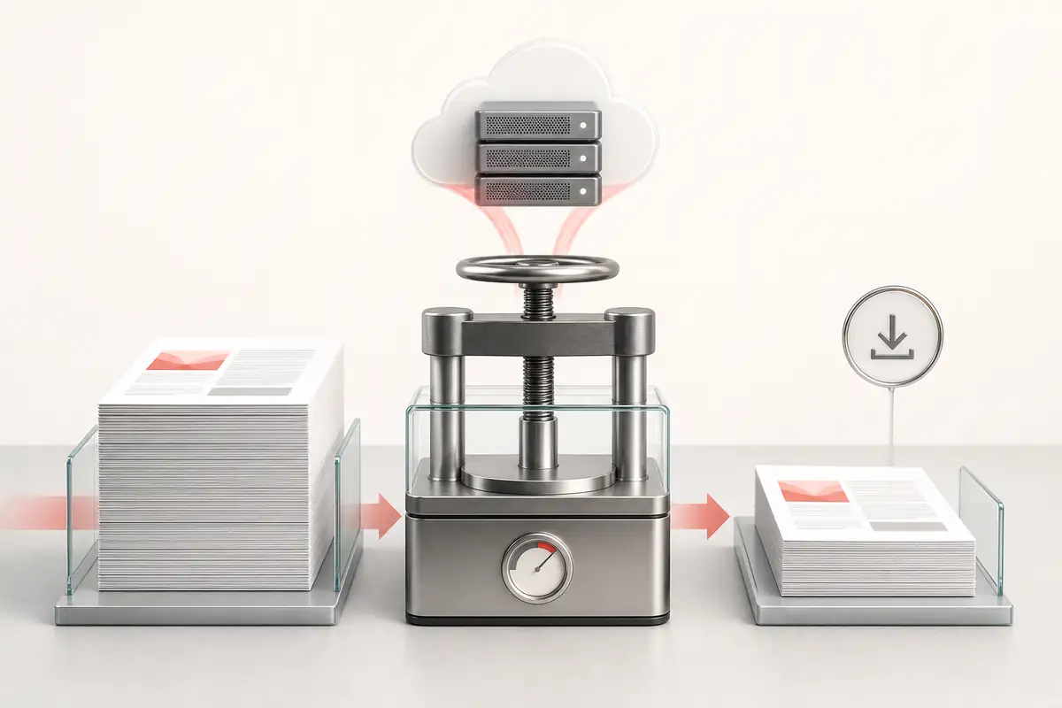 A thick document stack becoming a slimmer downloadable file