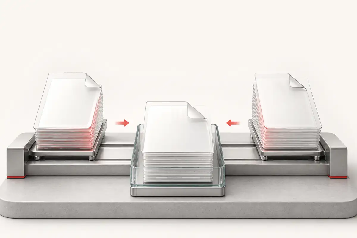 Two document stacks joining into one ordered PDF
