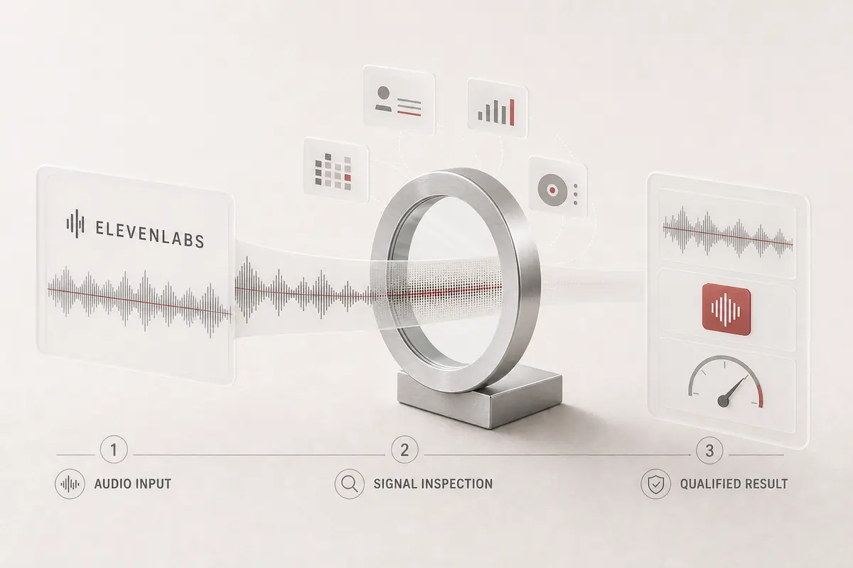 An ElevenLabs audio waveform passing through a signal inspection ring to a qualified result