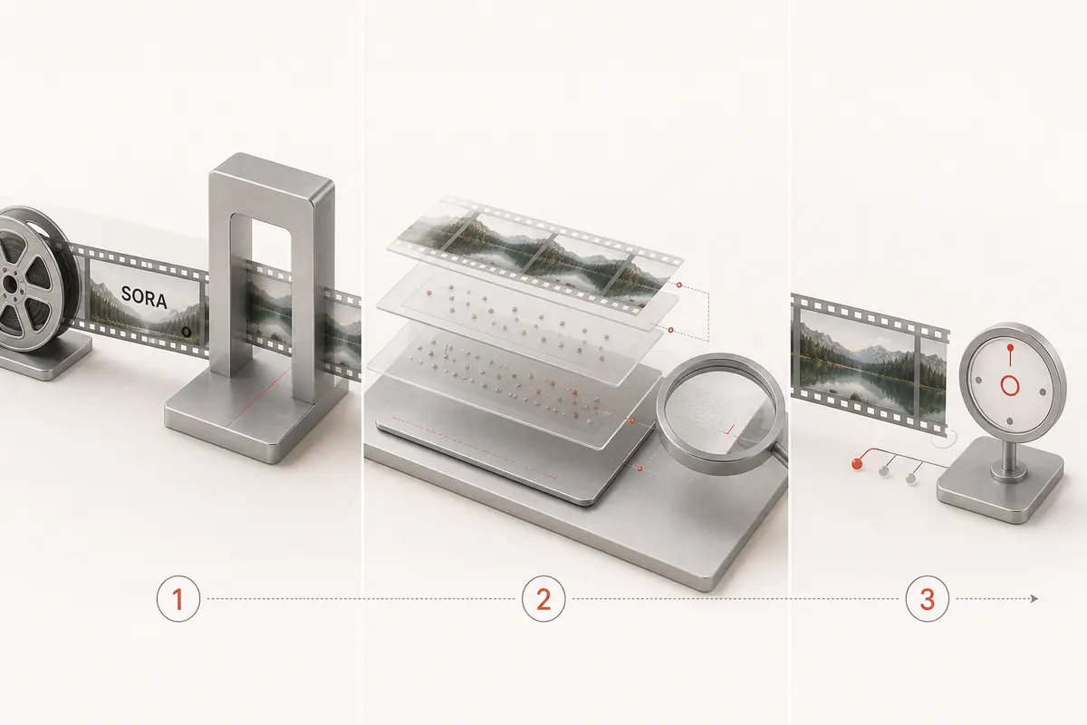 A Sora film strip passing through a precision gate and separating into provenance layers